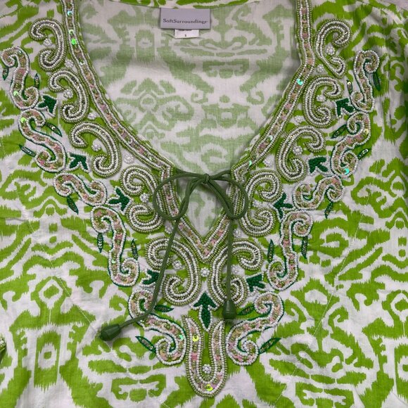 Soft Surroundings Beaded Tunic Top Womens Small Relaxed V-Neck Green 100% Cotton - Picture 14 of 15